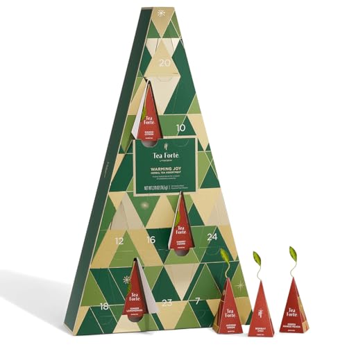 Tea Forte Warming Joy Holiday Herbal Tea Advent Calendar, Gift Set of 24 Pyramid Infuser Tea Bags with Numbered Calendar